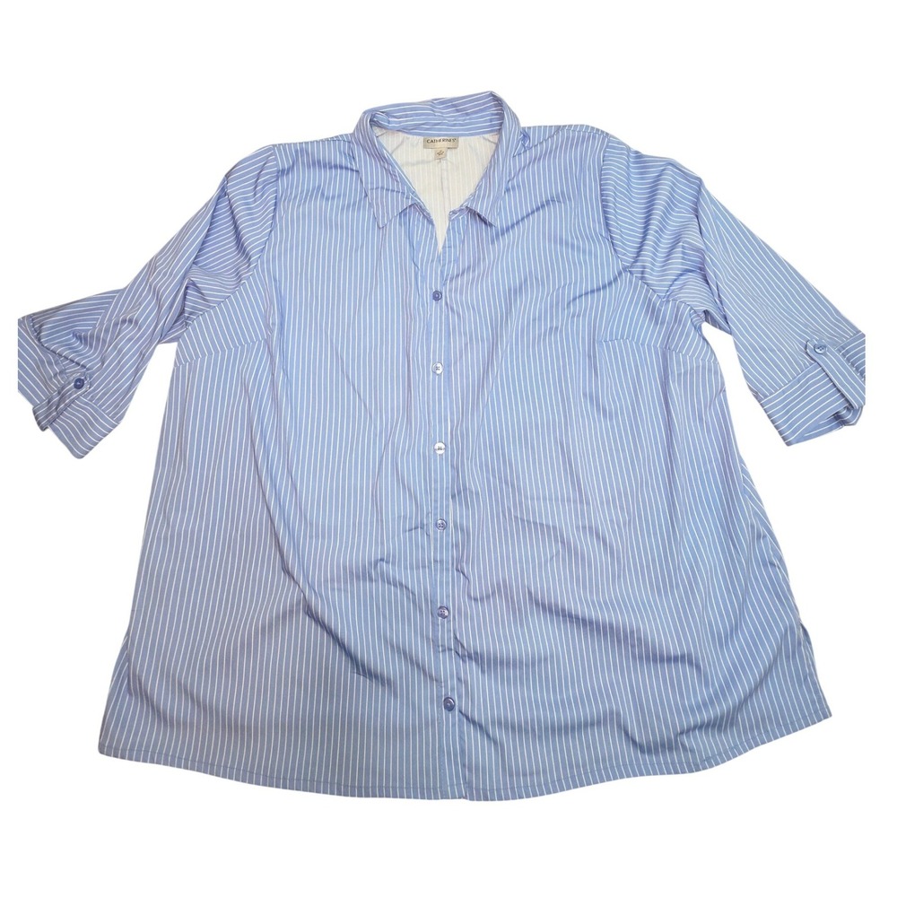 Catherines Womens 2X Blue White Pinstripe Roll Tab 3/4 Sleeve Button Blouse Top